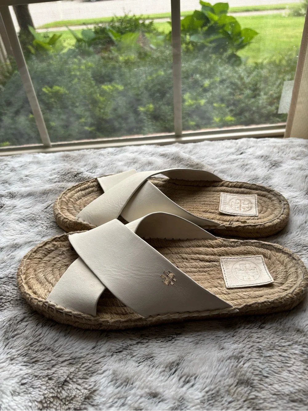 Tory Burch Cream Leather Cross-Strap Espadrille Sandals